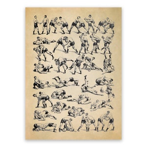 May include: A vintage illustration of various wrestling techniques. The black and white drawing shows two wrestlers in different positions, demonstrating holds, throws, and takedowns.