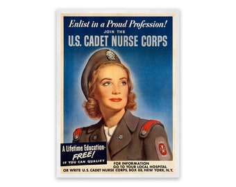 Cadet Nurse Women's Patriotic Wartime Recruitment Poster, Vintage Style Reproduction Print