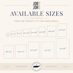 The image is a collection of various sizes of framed artworks or photographs, arranged in a grid format. The text above the image reads "JOR JOR DESIGN" and "AVAILABLE SIZES" followed by a tagline that says "FIND THE PERFECT FIT FOR YOUR SPACE." The bottom of the image features the phrase "INSPIRED BY HISTORY. CRAFTED FOR TODAY."