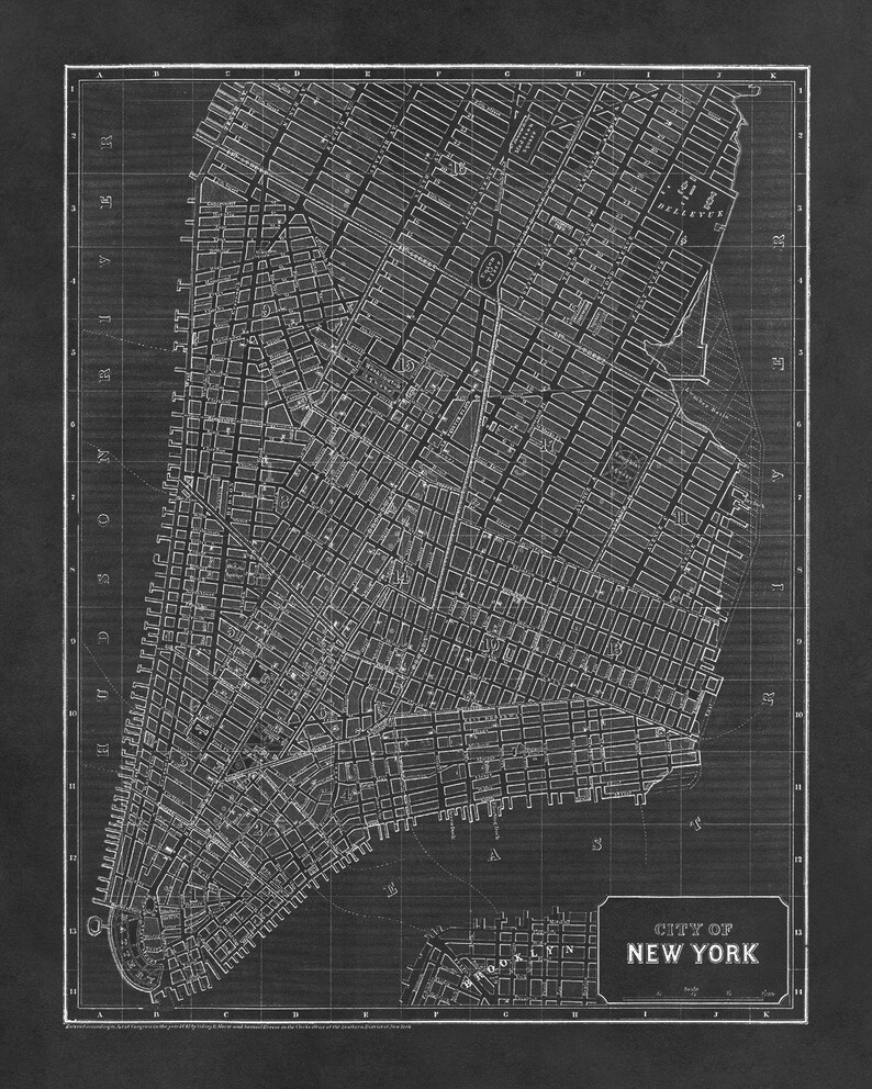 Old New York City Map, Vintage Style NYC Print Circa 1800s Charcoal