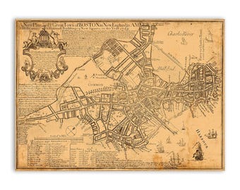 May include: A vintage-style map titled A New Plan of ye Great Town of BOSTON in New England in AMERICA with the many Additionall Buildings & New Streets to the Year 1769, featuring black ink on aged tan paper with nautical and cartographic details.