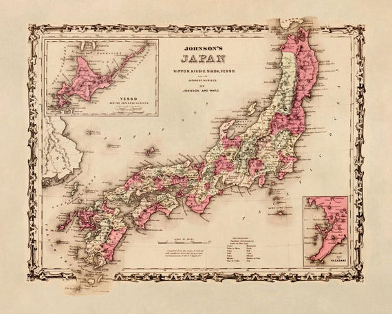 Old Map of Japan, 19th Century Cartography Decor, Vintage Style