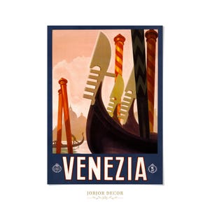 The image is a vintage travel poster for Venice, featuring a gondola and other Venetian landmarks against a pink and orange sky.