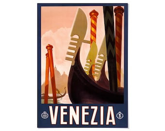 May include: A vintage-style travel poster featuring the prow of a black gondola with its distinctive metal ferro, set against a backdrop of orange mooring poles and a hazy cityscape. The word VENEZIA is printed in large white capital letters at the bottom.
