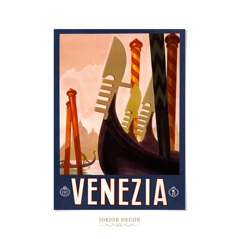 The image is a vintage travel poster for Venice, featuring a gondola and other Venetian landmarks against a pink and orange sky.