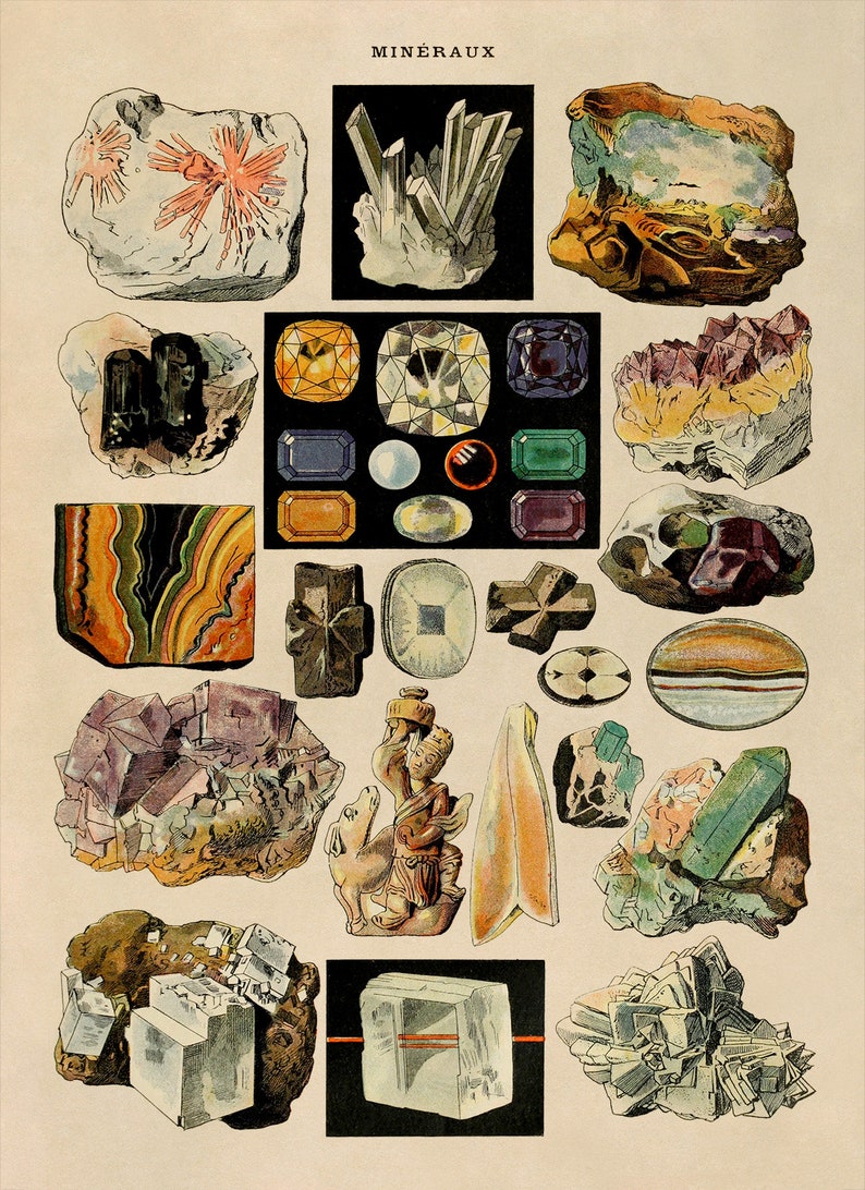 May include: A collection of colourful mineral specimens, including crystals, gemstones, and rocks. The image is labelled "MIN&Eacute;RAUX" in French.