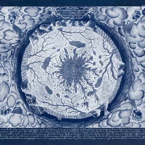 Subterranean Oceans Hollow Earth Map, Vintage Style Print Circa 1600s Midnight Blue