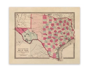 Old Texas State Map, Vintage Style Print Circa 1800s