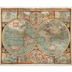 May include: A vintage world map with a blue background and red borders. The map is divided into two hemispheres, with the Americas on the left and Europe, Asia, and Africa on the right. The map is surrounded by a decorative border with images of mythical creatures and celestial bodies.