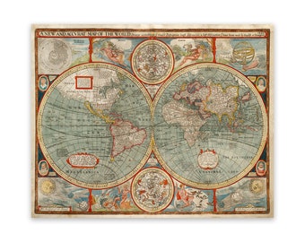Antique Map of the World, 17th Century Cartography Decor, Vintage Style Print Circa 1600s