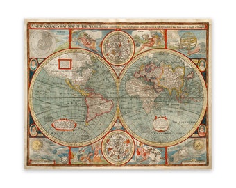 Antique World Map , Vintage Style Print Circa 1600s