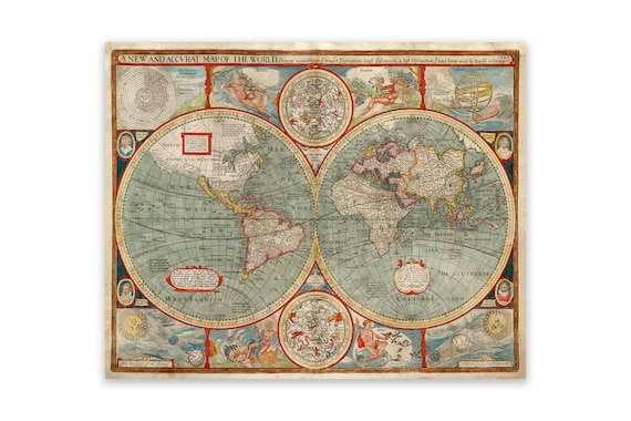 Carte du monde ancienne, décor cartographique du XVIIe siècle