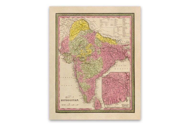 1800s Hindustan Vintage Style Print Old India Map Poster 3 Color Options