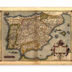May include: Antique map of the Iberian Peninsula, featuring detailed cartography of Spain and Portugal. The map is in shades of brown, beige, and blue, with decorative elements and text. The map is framed with a beige border.