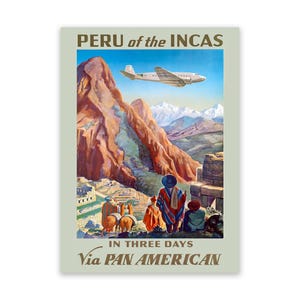 Póster de viaje de la aerolínea Perú of Incas, impresión de reproducción de mediados de siglo de estilo vintage de la década de 1900, decoración de arte de pared retro