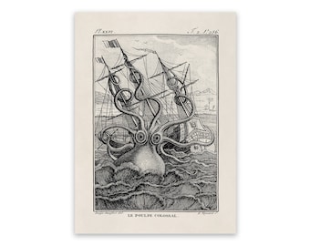 Antique Kraken Sea Monster Illustration, Nautical Octopus Artwork, Premium Vintage Style Reproduction Print, SM2