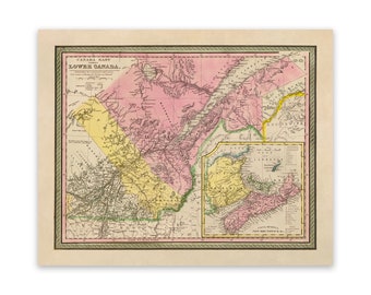 Old Map of Lower Canada, Vintage Style Print Circa 1800s