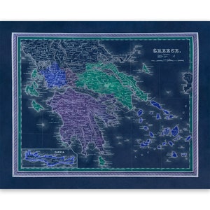 Carte ancienne de la Grèce, décoration d'intérieur cartographique du XIXe siècle, impression de style vintage vers les années 1800