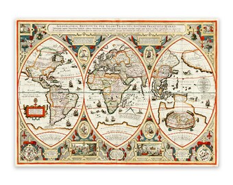 Antique Tryptic World Map, Vintage Style Print Circa 1600s