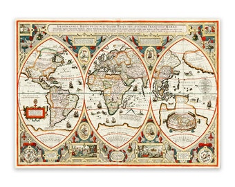 Antique Map of the World Circa 1600s, 17th Century Cartography Decor, Vintage Style Print