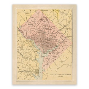 Carte ancienne de Washington DC, décor cartographique du XIXe siècle, impression de style vintage District de Columbia, vers les années 1800