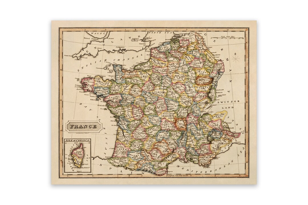 フランスアンティーク　MAP Old Map of France, 19th Century Cartography Decor, Vintage