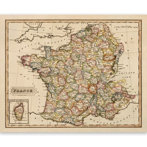Ancienne carte de France, décor cartographique du XIXe siècle, impression de style vintage, vers les années 1800