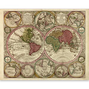 Carte du monde ancienne, décor cartographique du XVIIIe siècle, estampe de style vintage, vers 1700
