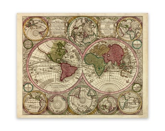 Antique World Map, Vintage Style Print Circa 1700s