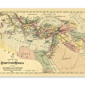 Carte biblique du monde des écritures représentant les distances depuis Jérusalem, décor cartographique du XIXe siècle, impression de style vintage vers les années 1800