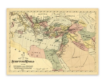 Biblical Scripture World Map Featuring Distances From Jerusalem, Vintage Style Print Circa 1800s