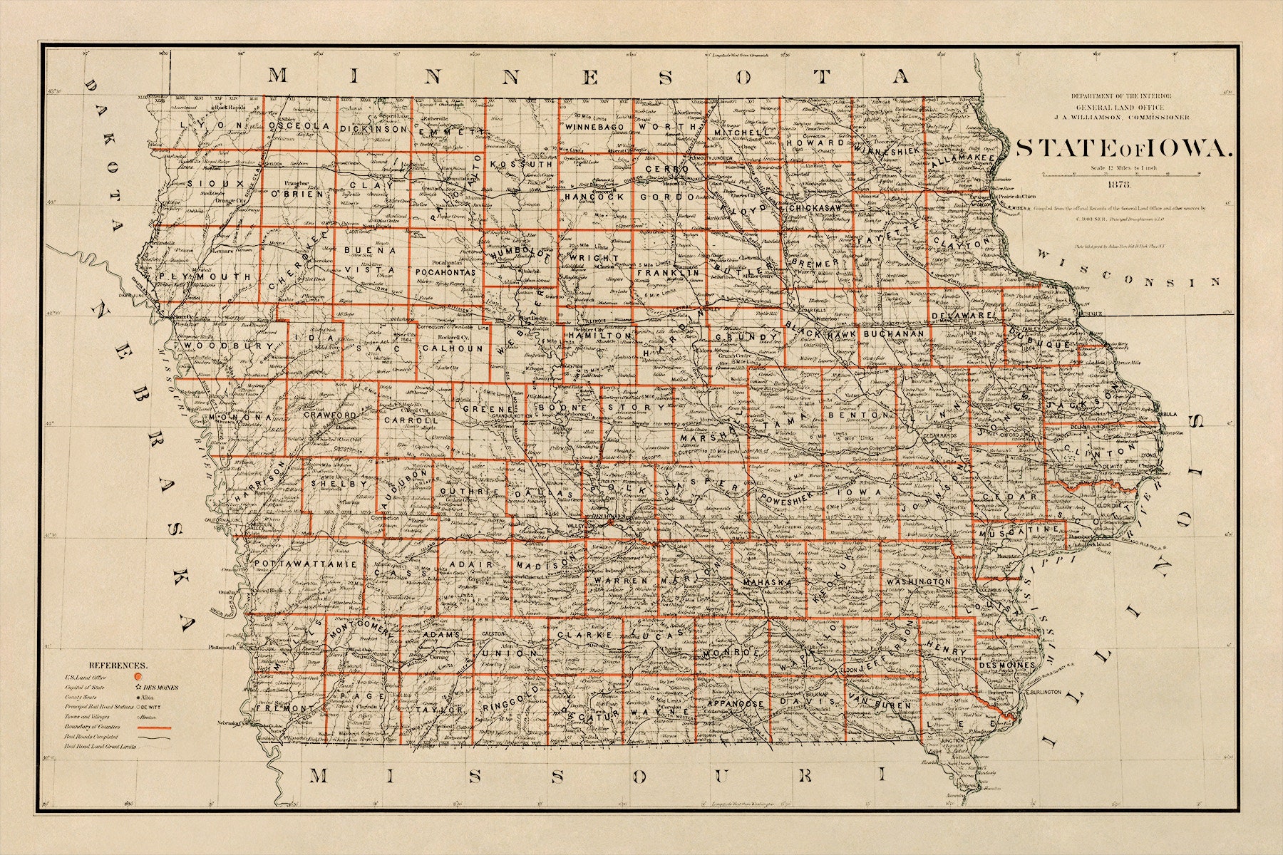 Old Iowa Map 1878 IA 1800s Antique Map Vintage Style Print Etsy