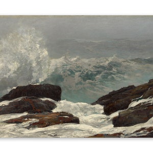 May include: A painting of a stormy seascape with crashing waves and rocky cliffs. The sky is a muted gray, and the water is a deep blue-green. The waves are white and foamy, and the rocks are dark and rugged.