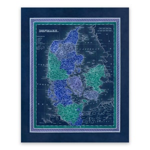 Carte ancienne du Danemark, décoration d'intérieur de cartographie, impression de style vintage vers les années 1800