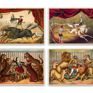Circus Art Set of 4 Prints, Antique Circus Themed Wall Art, Premium Vintage Style Reproduction Print