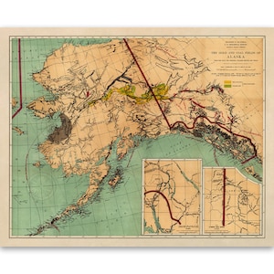 Carte ancienne de l'Alaska, avec des champs aurifères de l'Alaska, impression de Style vintage vers les années 1800