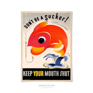 Don’t Be a Sucker Print, 1944 WWII Loose Talk Poster, Vintage Fishing Wall Art