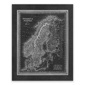 Ancienne carte de la Suède et de la Norvège, décor cartographique du XIXe siècle, impression de style vintage, vers les années 1800