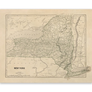 Ancienne carte de l'État de New York, décor de cartographie du XIXe siècle, impression de style vintage vers les années 1800