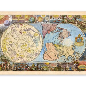 Ancienne carte du monde et des constellations, décor cartographique du XVIIe siècle, estampe de style vintage vers 1600