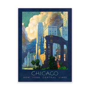 Chicago Illinois Train Station Travel Poster, Vintage Style 1900s Rustic Reproduction Print, Retro Wall Art Decor