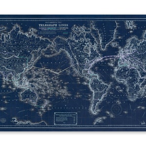 Ancienne carte du monde représentant des lignes télégraphiques, décor de cartographie du XIXe siècle, impression de style vintage vers les années 1800