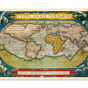 May include: An antique-style world map print titled TYPVS ORBIS TERRARVM featuring a colorful oval projection of continents. The map includes Latin text, decorative blue clouds in the corners, and a red banner at the bottom with Latin inscriptions.