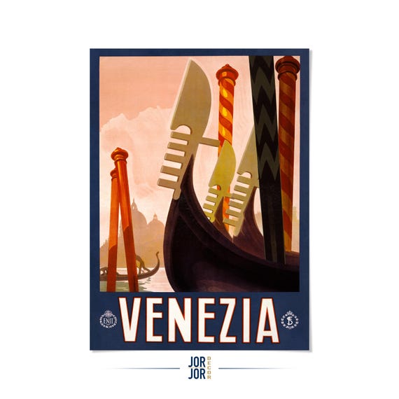 Venice Italy Travel Poster, Vintage Style 1900s Italian Gondola Print