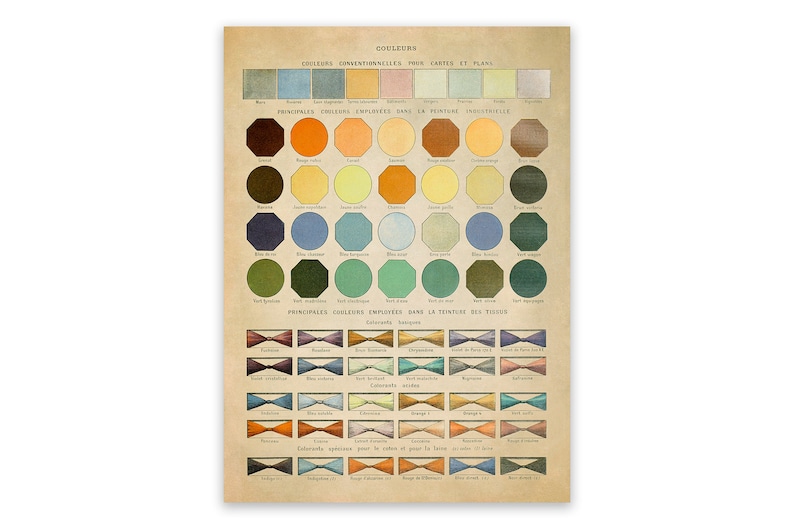 May include: A vintage color chart with the title "Couleurs" in French. The chart shows a variety of colors in different shades and hues, organized by category. The colors are labeled in French, and the chart includes a key that explains the different categories of colors.