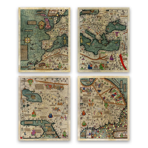 Ensemble d'impressions de carte du monde médiéval de l'Atlas catalan antique, impression de style vintage vers 1300