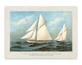 Sailboat Yacht Racing Illustration, Nautical Sailing Ship Art, Premium Vintage Style Reproduction Print