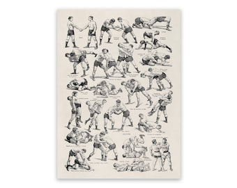 Old Wrestling Styles And Techniques Illustration, Jiu Jitsu Sport Fighting Poster, Premium Vintage Style Reproduction Print FD13