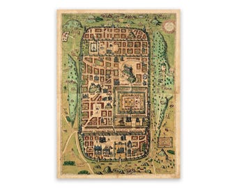 May include: An antique-style, rectangular map illustration featuring a walled city with a grid of streets, buildings, and green spaces. The map is rendered in muted tones of beige, green, and brown, with detailed ink lines depicting urban layout.