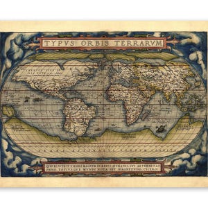 May include: An antique-style world map print titled TYPVS ORBIS TERRARVM, featuring an oval projection of continents with beige parchment-colored paper, blue clouds in the corners, and Latin text blocks at the top and bottom borders.